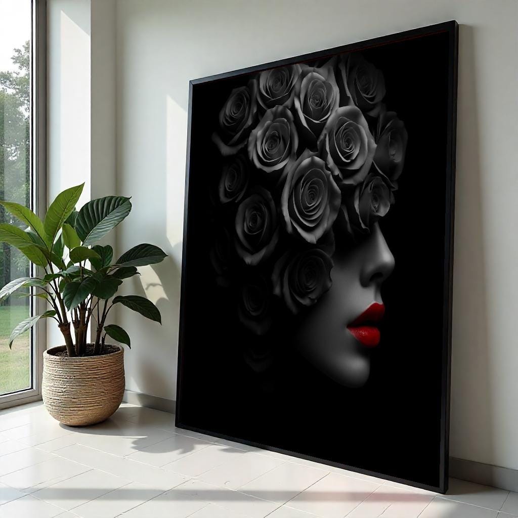 Rose Veil Canvas, Monochrome Floral Art, Red Lips Portrait, Wall Art Canvas Design, Ready to Hang Glamour Decoration