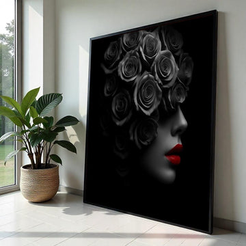 Rose Veil Canvas, Monochrome Floral Art, Red Lips Portrait, Wall Art Canvas Design, Ready to Hang Glamour Decoration
