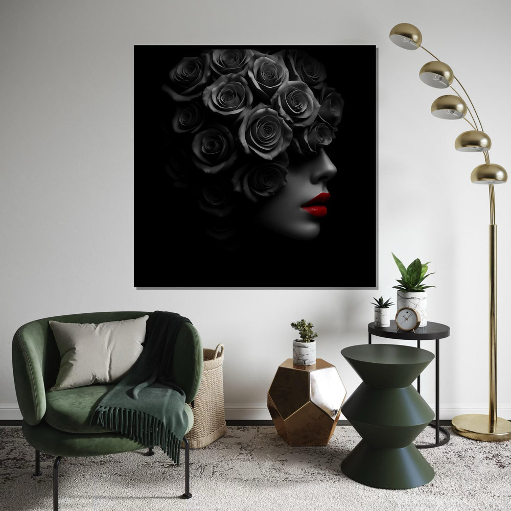Woman Wall Art, Rose Veil Canvas, Monochrome Floral Art, Red Lips Portrait, Wall Art Canvas Design, Ready to Hang Glamour Decoration