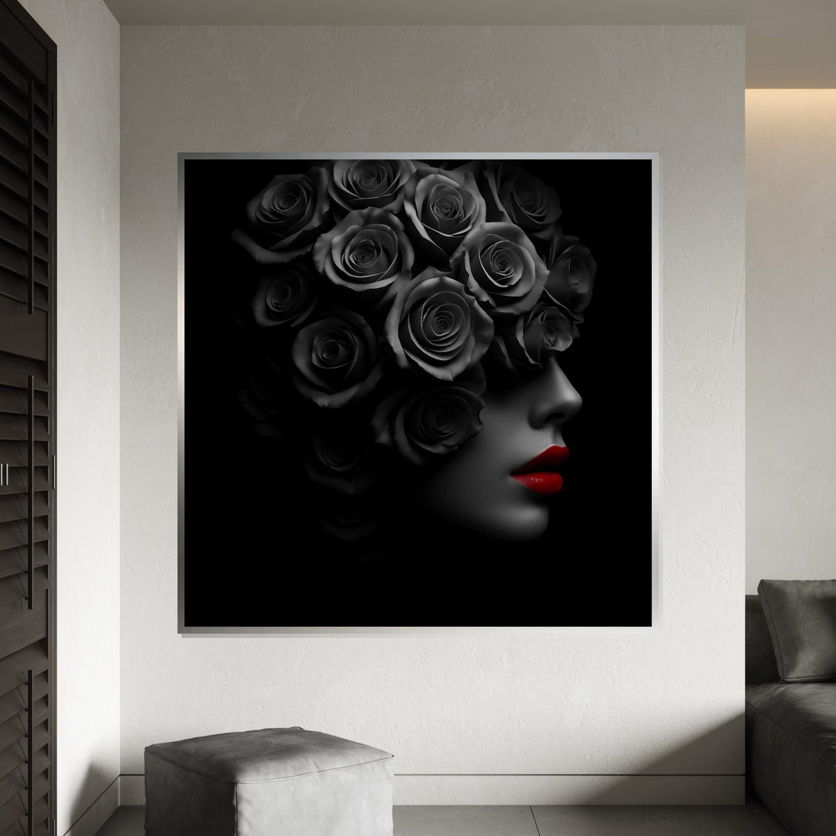 Rose Veil Canvas, Monochrome Floral Art, Red Lips Portrait, Wall Art Canvas Design, Ready to Hang Glamour Decoration