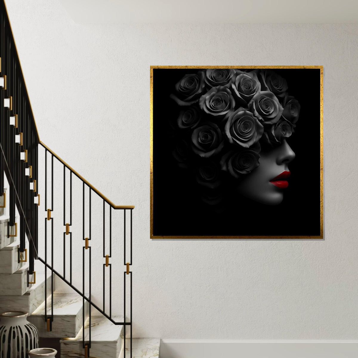 Rose Veil Canvas, Monochrome Floral Art, Red Lips Portrait, Wall Art Canvas Design, Ready to Hang Glamour Decoration
