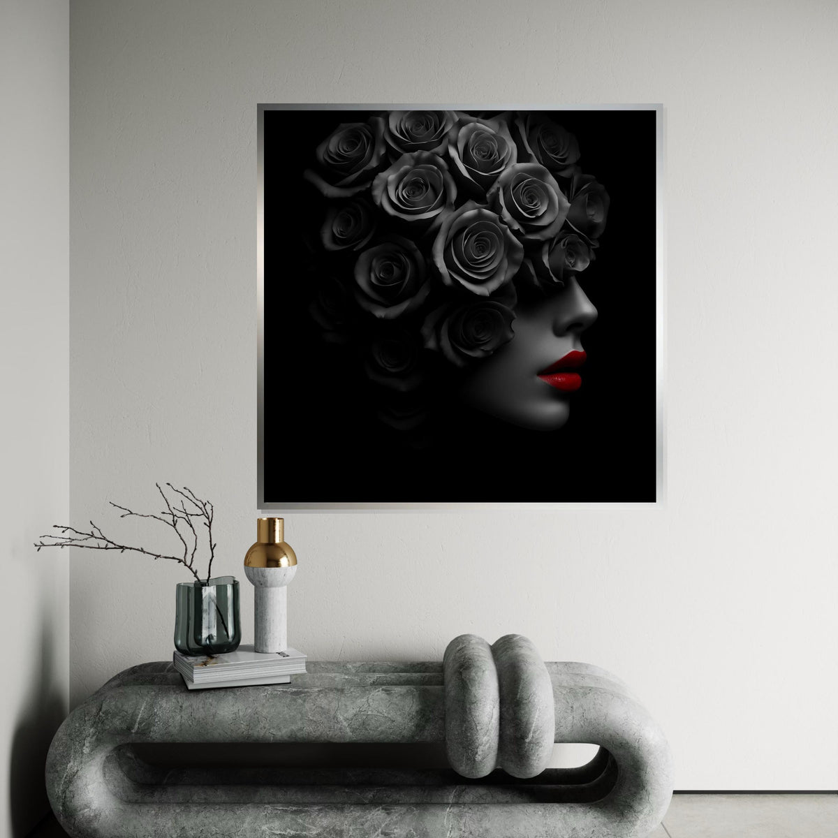 Rose Veil Canvas, Monochrome Floral Art, Red Lips Portrait, Wall Art Canvas Design, Ready to Hang Glamour Decoration