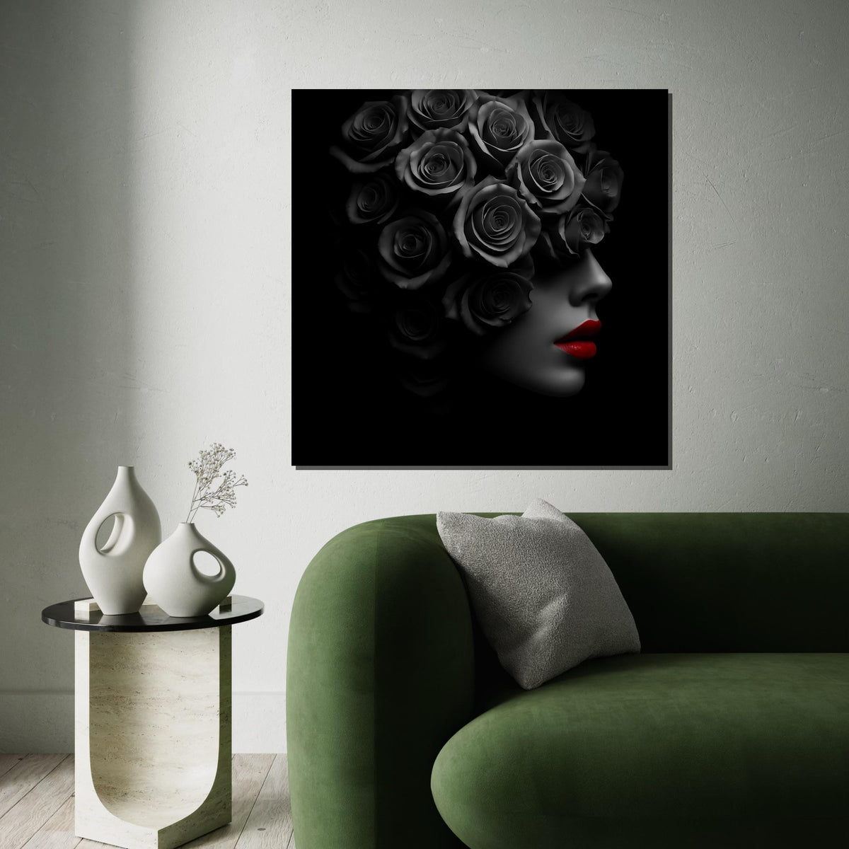 Rose Veil Canvas, Monochrome Floral Art, Red Lips Portrait, Wall Art Canvas Design, Ready to Hang Glamour Decoration