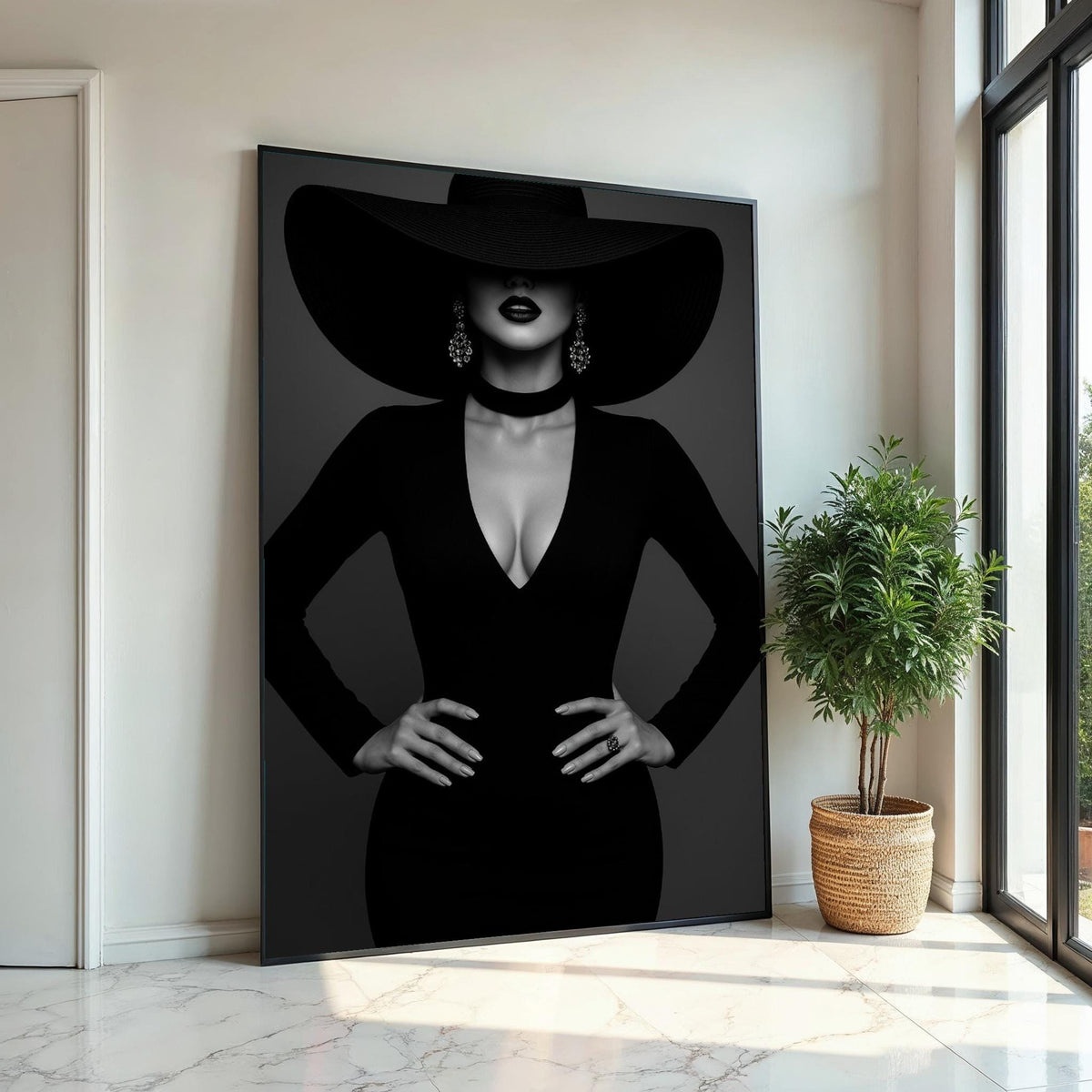 Elegant Lady in Black, Fashion Canvas Art, Black Hat Wall Art, Stylish Woman Print, Wall Art Canvas Design, Ready to Hang Decoration