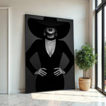 Elegant Lady in Black, Fashion Canvas Art, Black Hat Wall Art, Stylish Woman Print, Wall Art Canvas Design, Ready to Hang Decoration