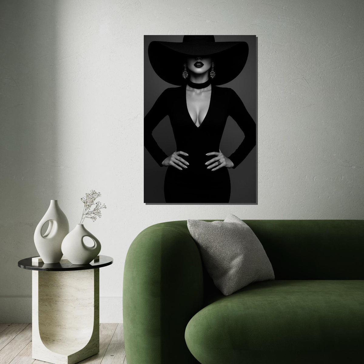 Elegant Lady in Black, Fashion Canvas Art, Black Hat Wall Art, Stylish Woman Print, Wall Art Canvas Design, Ready to Hang Decoration