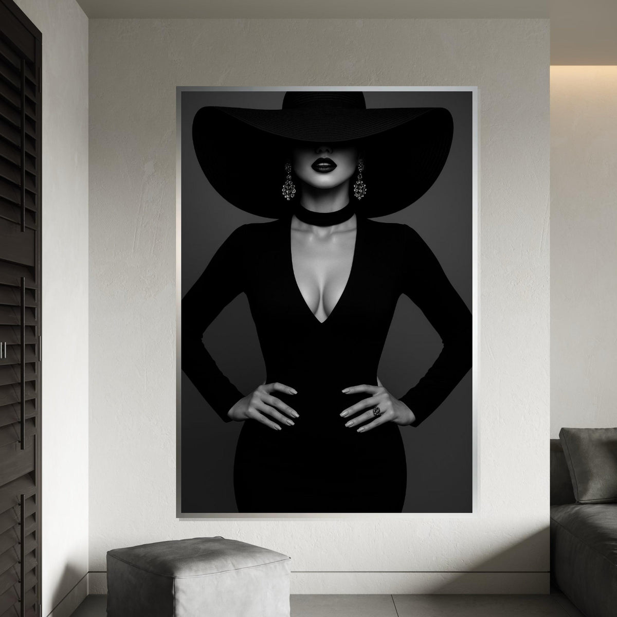 Elegant Lady in Black, Fashion Canvas Art, Black Hat Wall Art, Stylish Woman Print, Wall Art Canvas Design, Ready to Hang Decoration