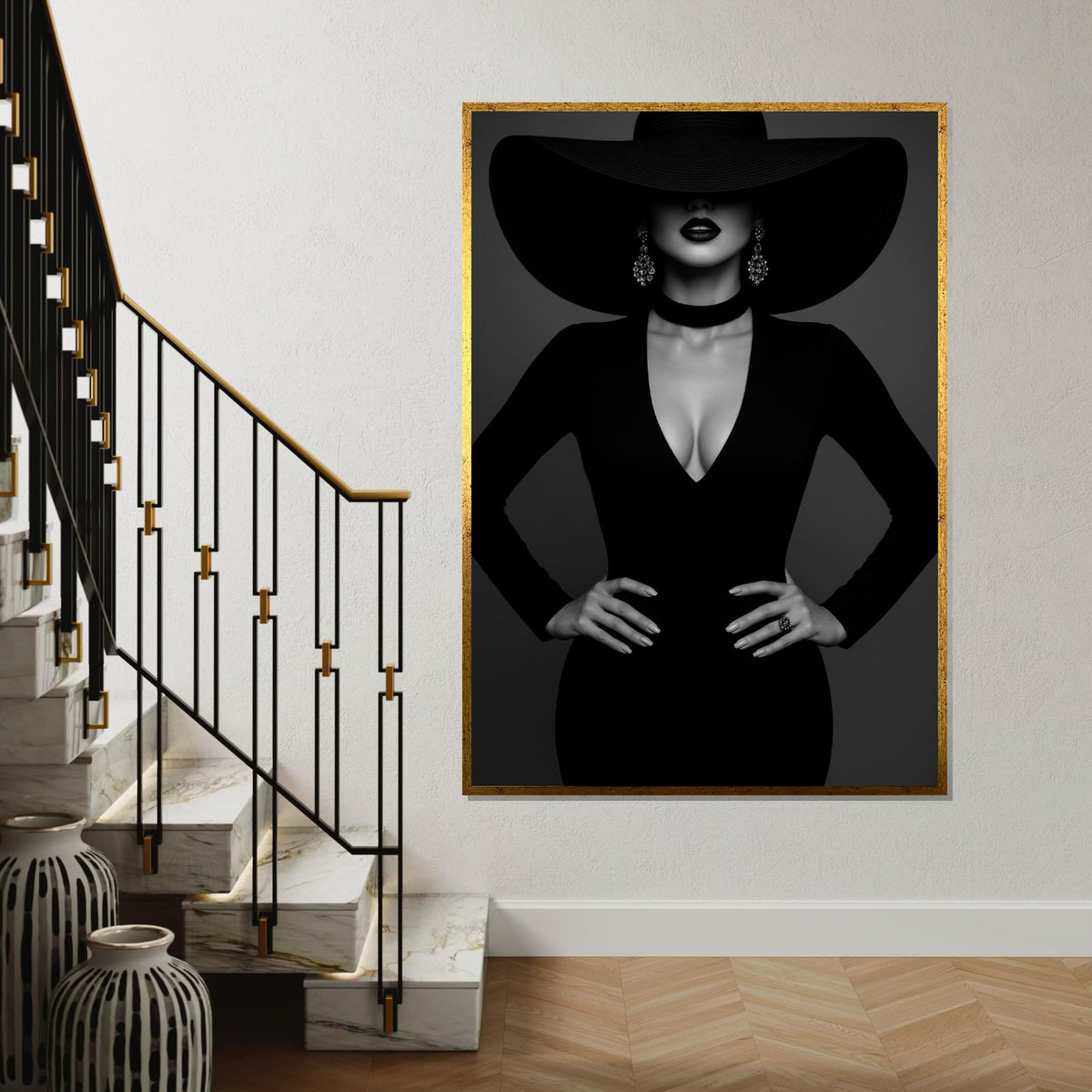 Elegant Lady in Black, Fashion Canvas Art, Black Hat Wall Art, Stylish Woman Print, Wall Art Canvas Design, Ready to Hang Decoration