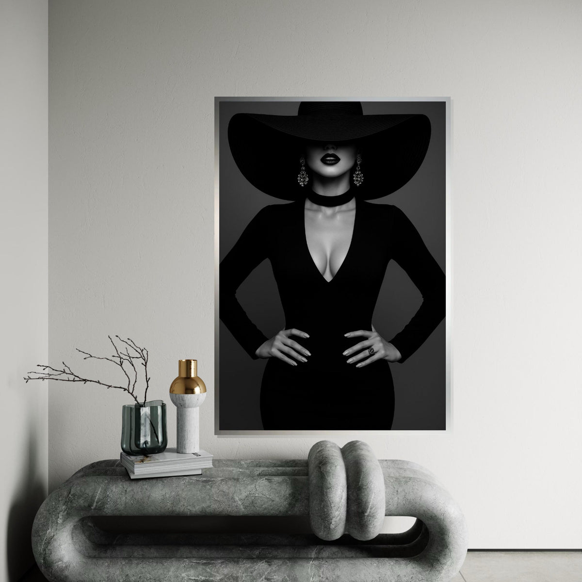 Elegant Lady in Black, Fashion Canvas Art, Black Hat Wall Art, Stylish Woman Print, Wall Art Canvas Design, Ready to Hang Decoration