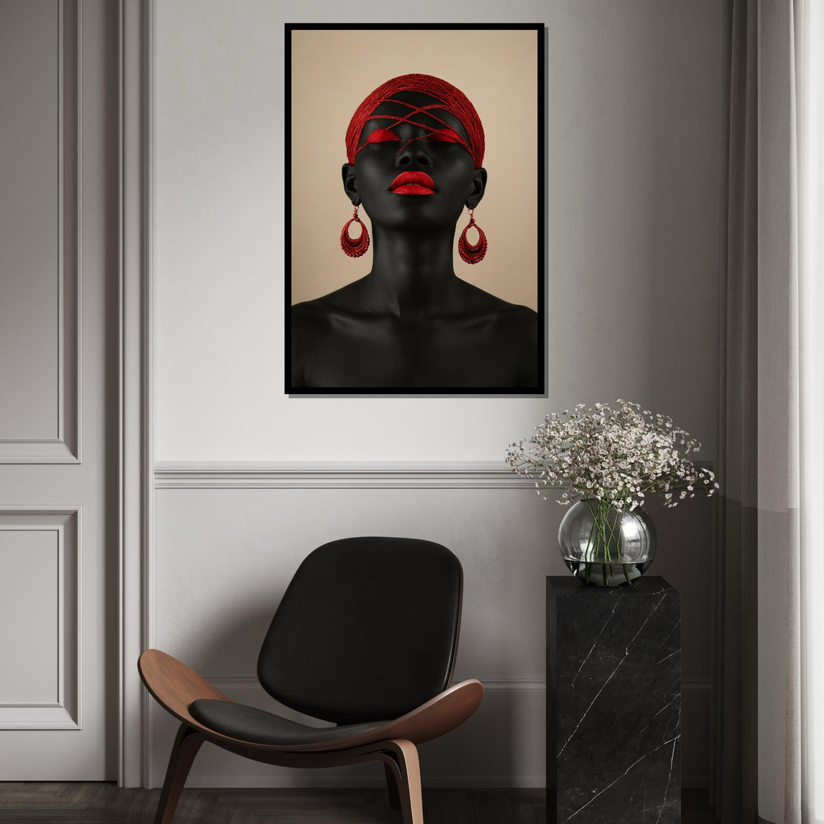 Afro Woman Art, Abstract Portrait Canvas, Modern Wall Art, Red and Black Decor, Striking Face Art, Wall Art Canvas Design, Ready to