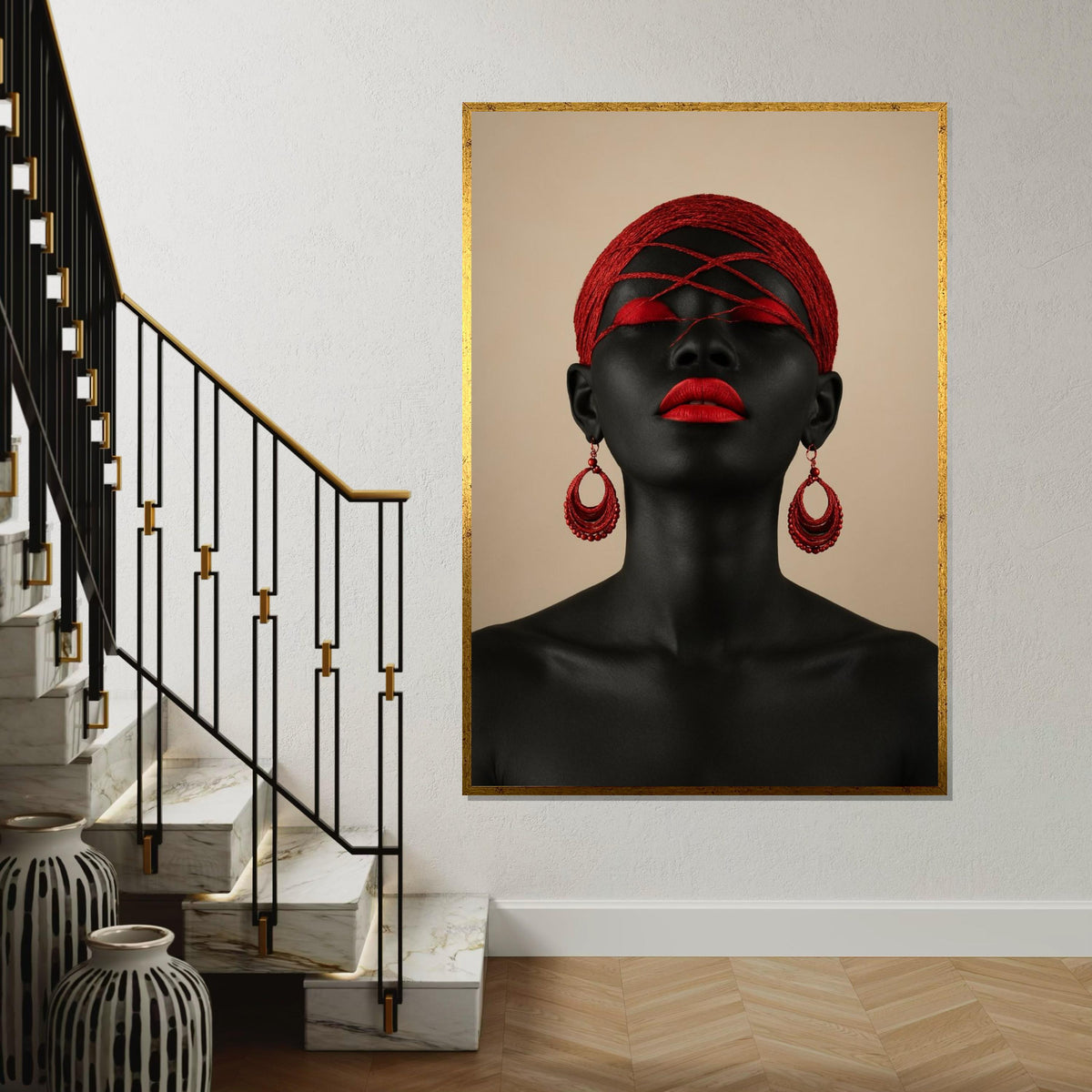 Afro Woman Art, Abstract Portrait Canvas, Modern Wall Art, Red and Black Decor, Striking Face Art, Wall Art Canvas Design, Ready to