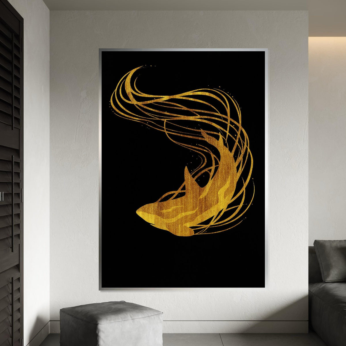 Golden Shark Canvas Art, Abstract Ocean Wall Print, Gold Shark Silhouette, Modern Wall Art Canvas Design, Ready To Hang Decoration