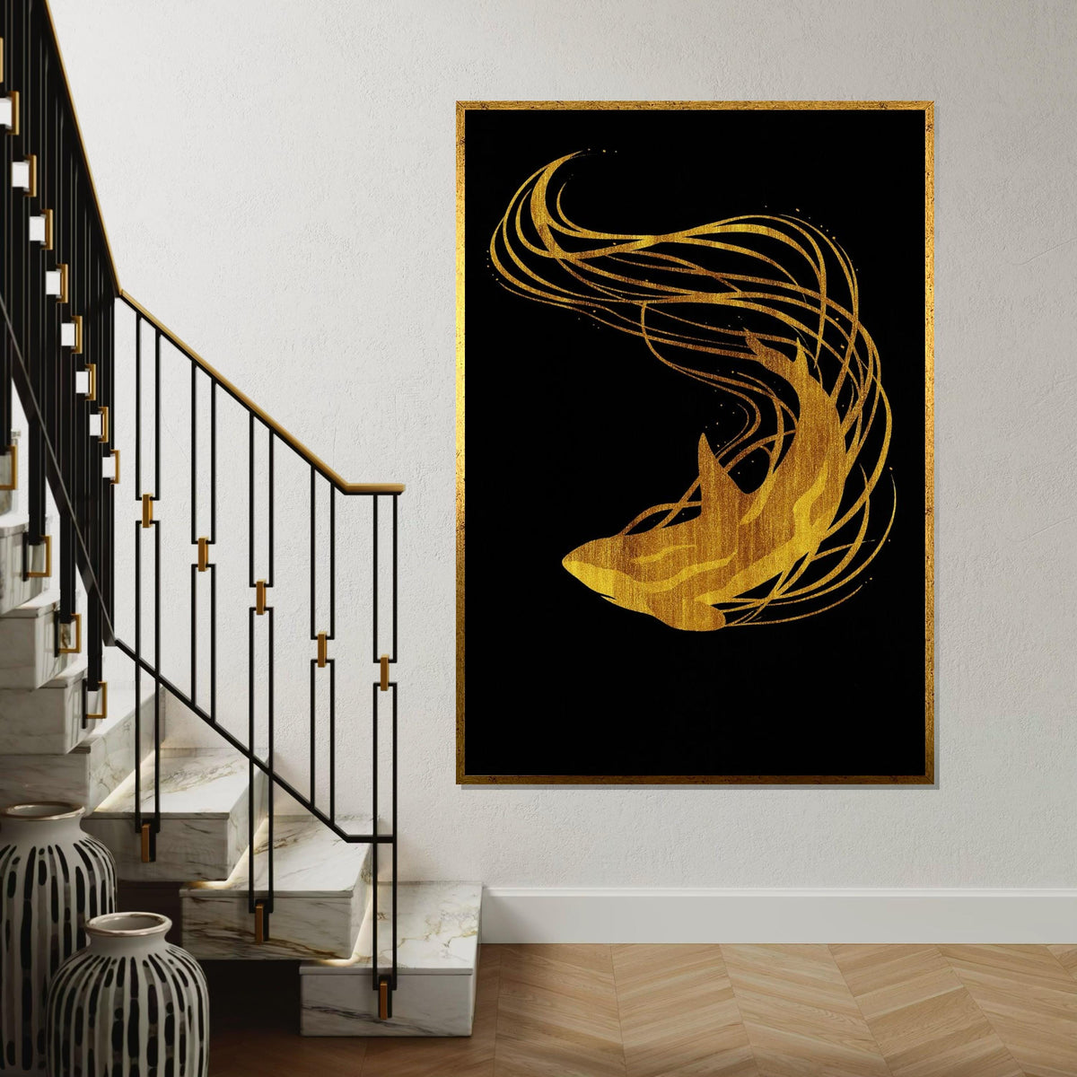 Golden Shark Canvas Art, Abstract Ocean Wall Print, Gold Shark Silhouette, Modern Wall Art Canvas Design, Ready To Hang Decoration
