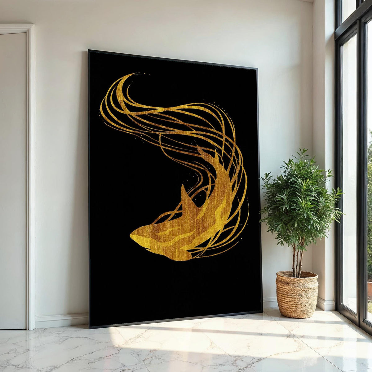 Golden Shark Canvas Art, Abstract Ocean Wall Print, Gold Shark Silhouette, Modern Wall Art Canvas Design, Ready To Hang Decoration