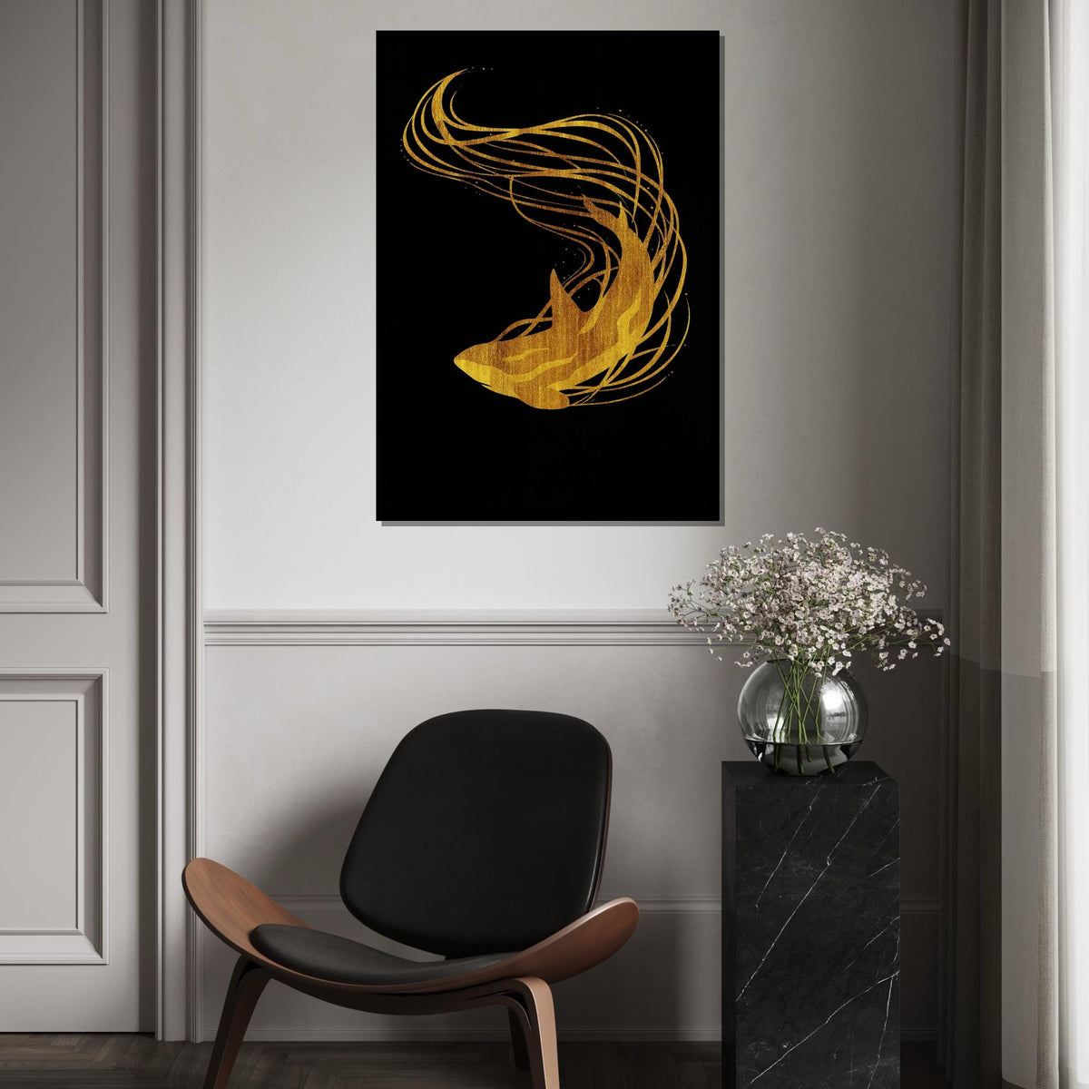 Golden Shark Canvas Art, Abstract Ocean Wall Print, Gold Shark Silhouette, Modern Wall Art Canvas Design, Ready To Hang Decoration