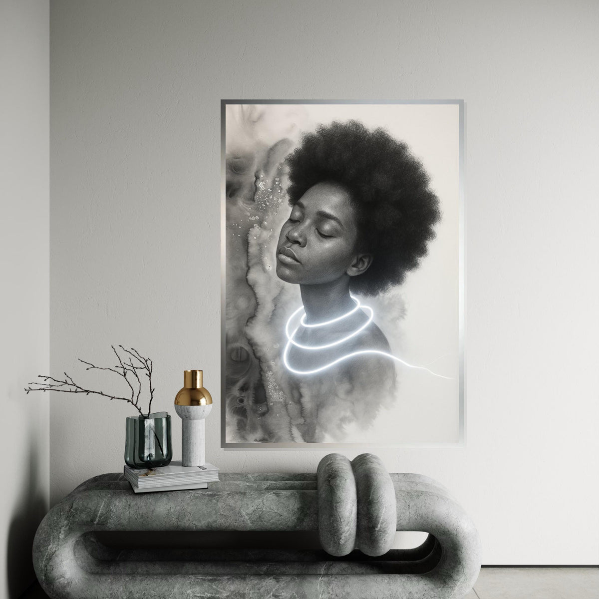 Dreamlike Portrait Canvas, Ethereal Art, Afro Hair Glow, Wall Art Canvas Design, Ready To Hang Decoration