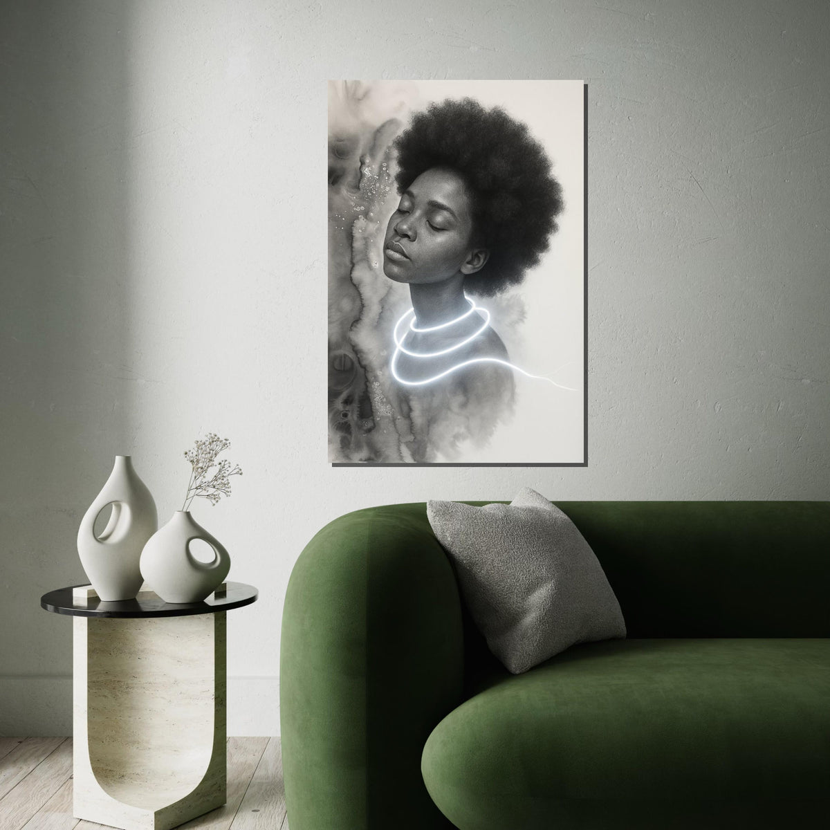 Dreamlike Portrait Canvas, Ethereal Art, Afro Hair Glow, Wall Art Canvas Design, Ready To Hang Decoration