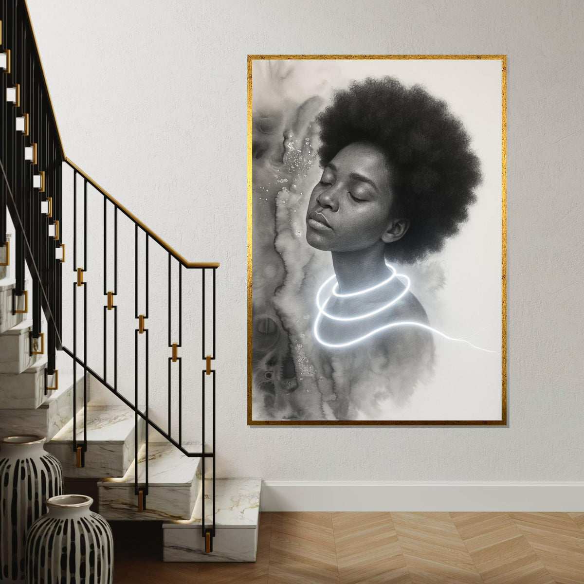 Dreamlike Portrait Canvas, Ethereal Art, Afro Hair Glow, Wall Art Canvas Design, Ready To Hang Decoration