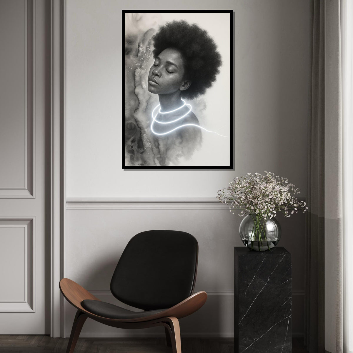 Dreamlike Portrait Canvas, Ethereal Art, Afro Hair Glow, Wall Art Canvas Design, Ready To Hang Decoration