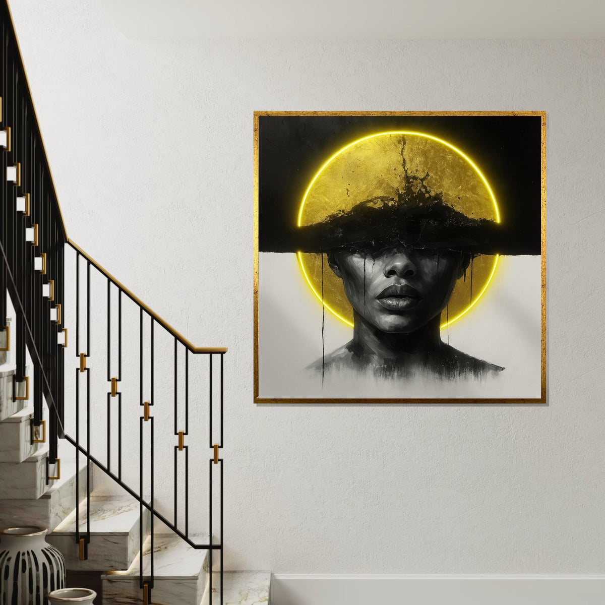 Golden Woman Portrait Canvas, Abstract Face Art, Black and Gold Wall Print, Modern Art Poster, Wall Art Canvas Design, Ready to Hang Decor