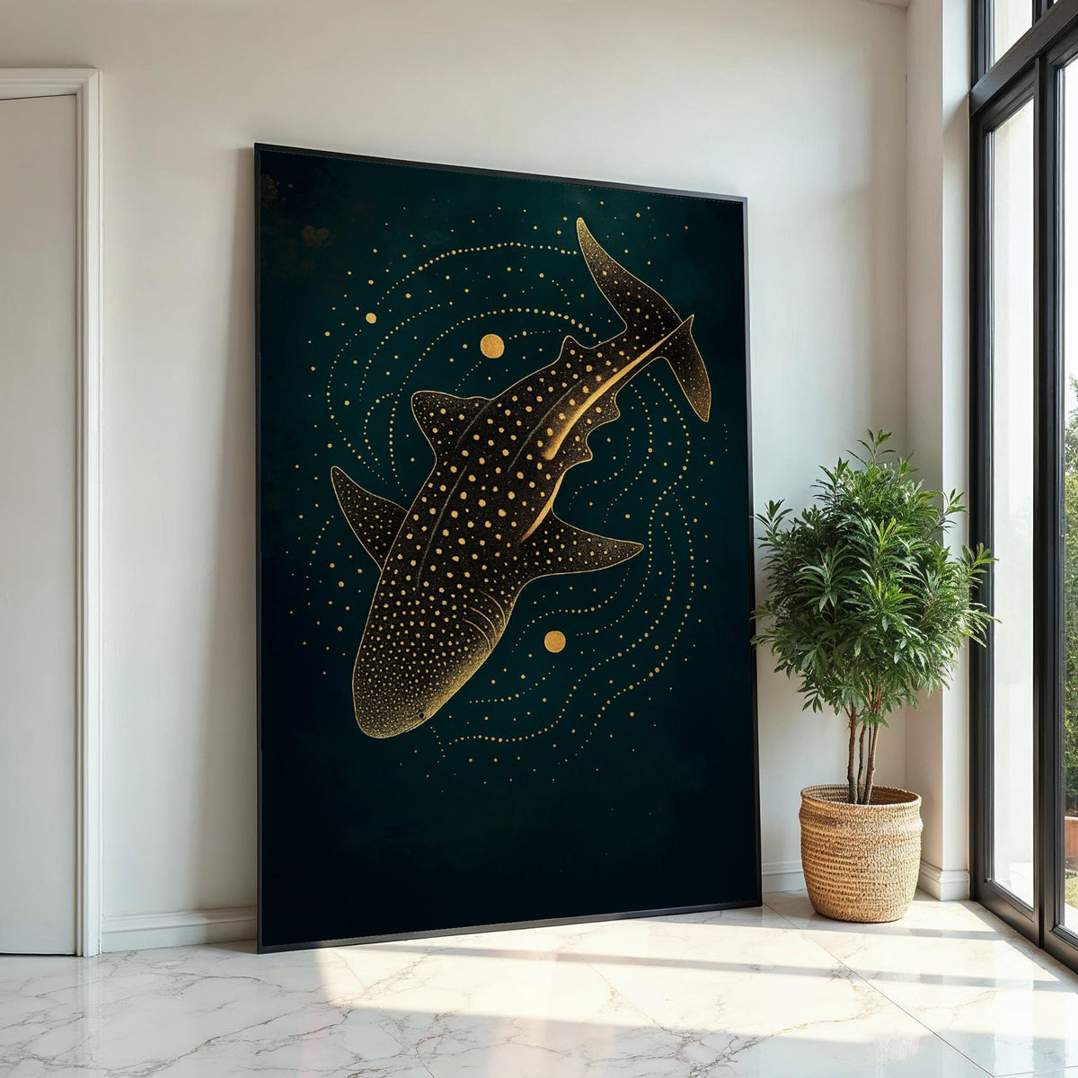 Starry Whale Shark Canvas, Gold Accents Wall Art, Marine Life Print, Ocean Decor, Wall Art Canvas Design, Ready To Hang Decoration