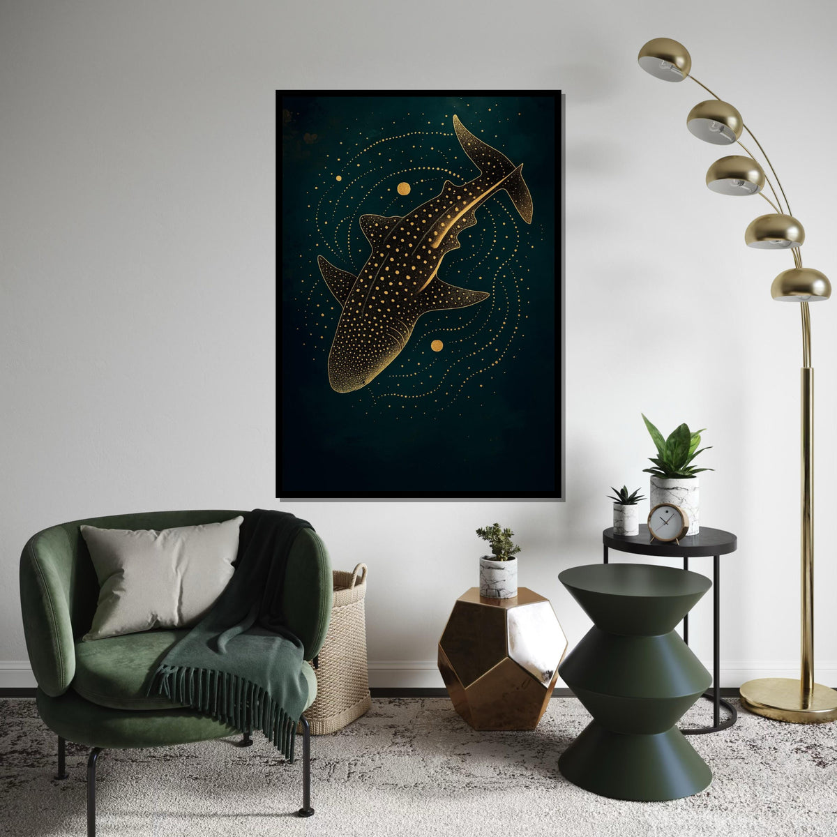 Starry Whale Shark Canvas, Gold Accents Wall Art, Marine Life Print, Ocean Decor, Wall Art Canvas Design, Ready To Hang Decoration