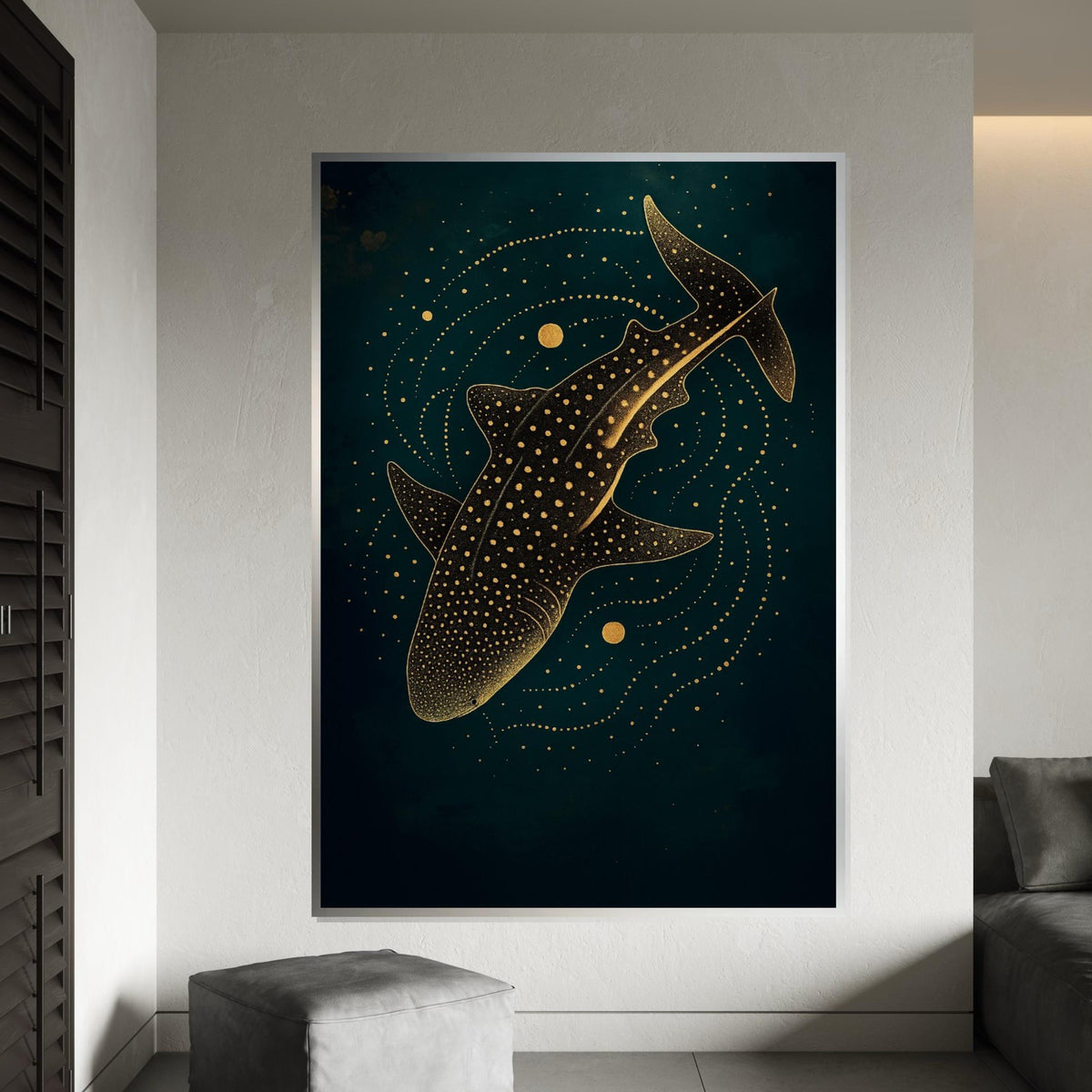 Starry Whale Shark Canvas, Gold Accents Wall Art, Marine Life Print, Ocean Decor, Wall Art Canvas Design, Ready To Hang Decoration