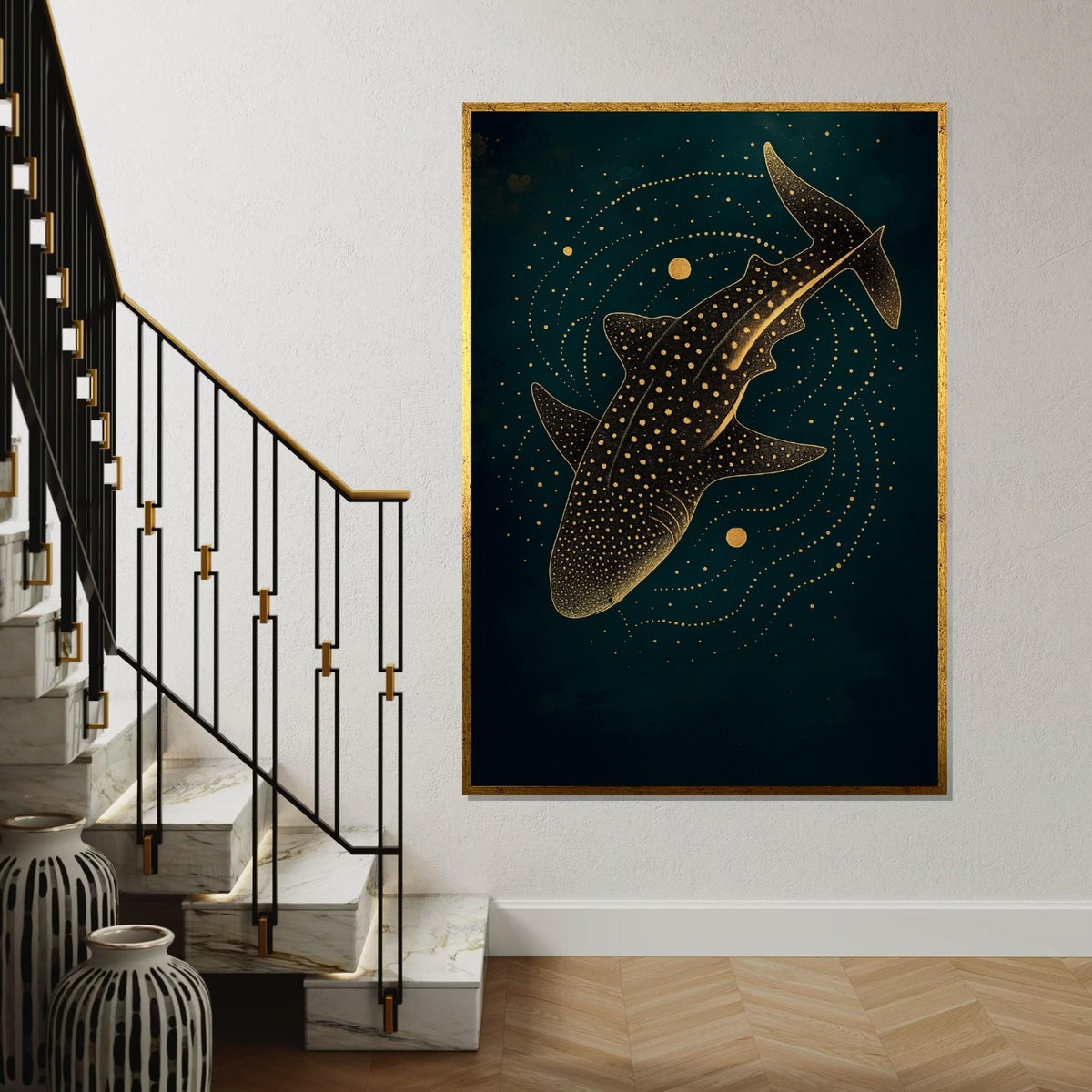 Starry Whale Shark Canvas, Gold Accents Wall Art, Marine Life Print, Ocean Decor, Wall Art Canvas Design, Ready To Hang Decoration