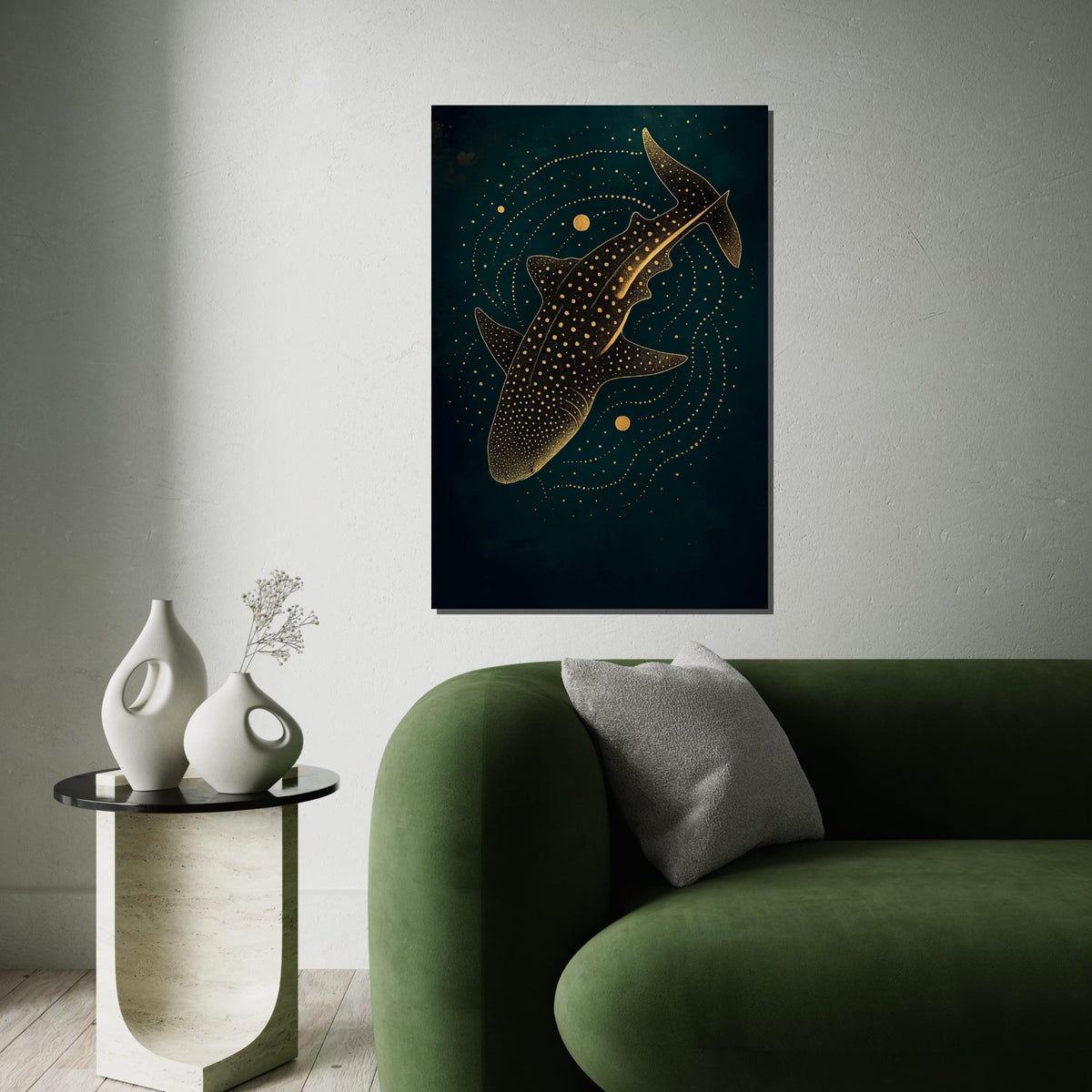 Starry Whale Shark Canvas, Gold Accents Wall Art, Marine Life Print, Ocean Decor, Wall Art Canvas Design, Ready To Hang Decoration