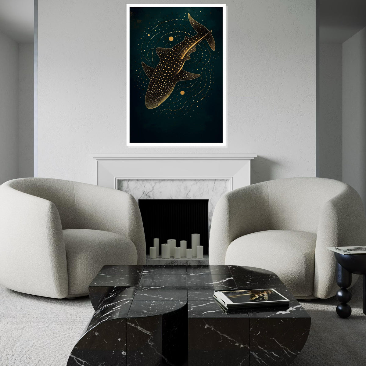 Starry Whale Shark Canvas, Gold Accents Wall Art, Marine Life Print, Ocean Decor, Wall Art Canvas Design, Ready To Hang Decoration
