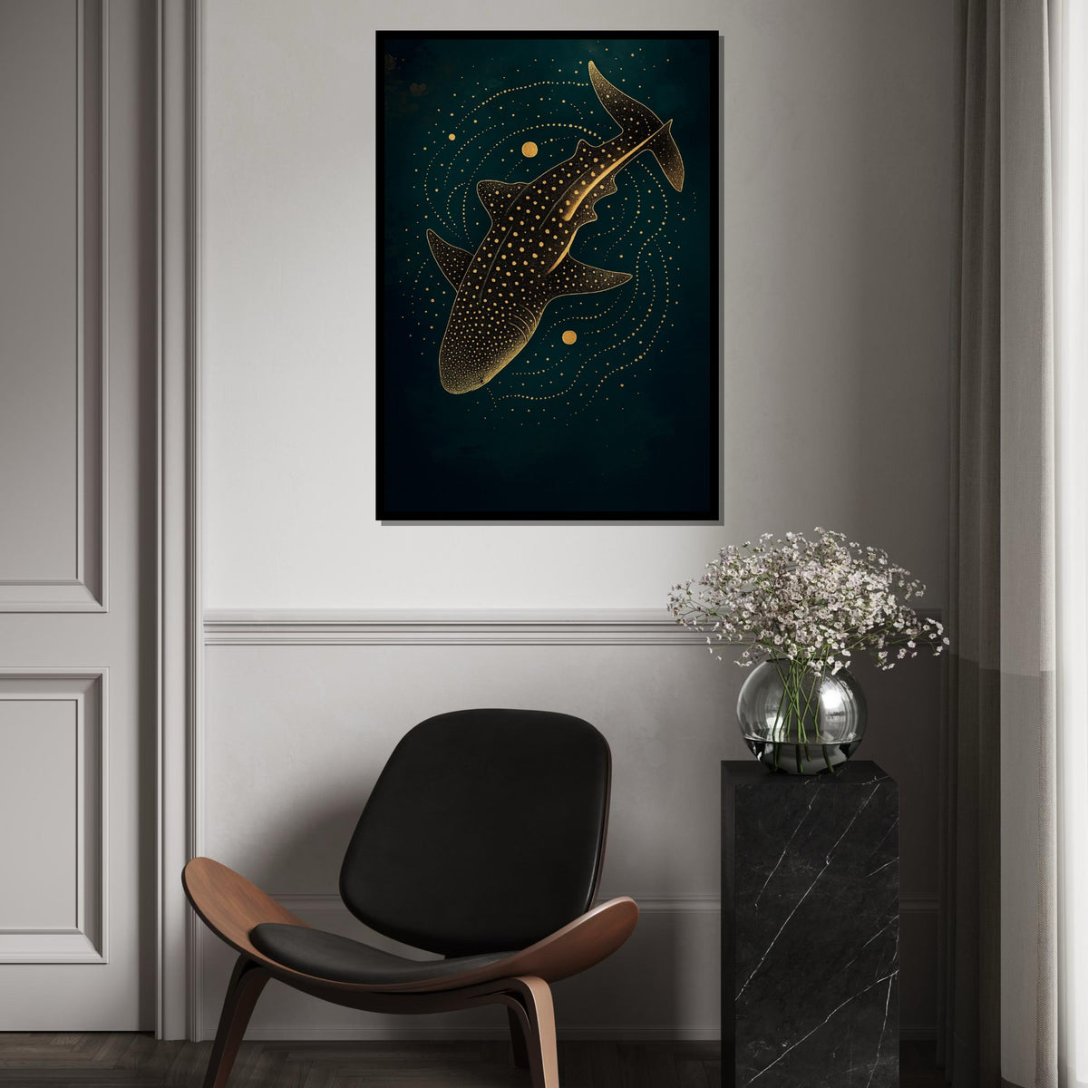 Starry Whale Shark Canvas, Gold Accents Wall Art, Marine Life Print, Ocean Decor, Wall Art Canvas Design, Ready To Hang Decoration