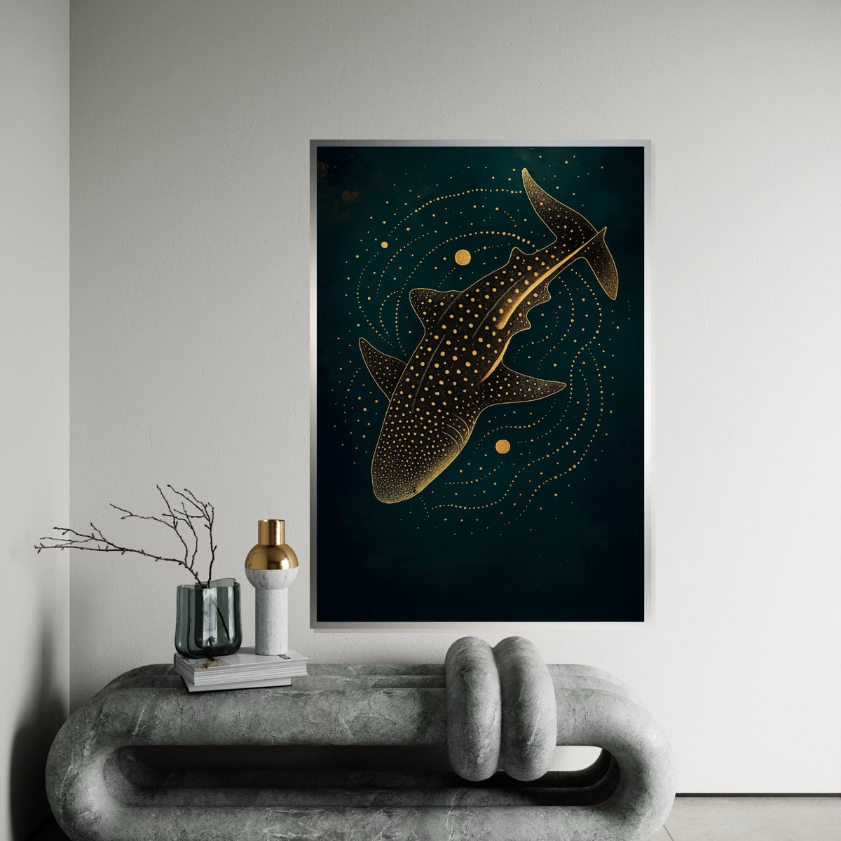 Starry Whale Shark Canvas, Gold Accents Wall Art, Marine Life Print, Ocean Decor, Wall Art Canvas Design, Ready To Hang Decoration