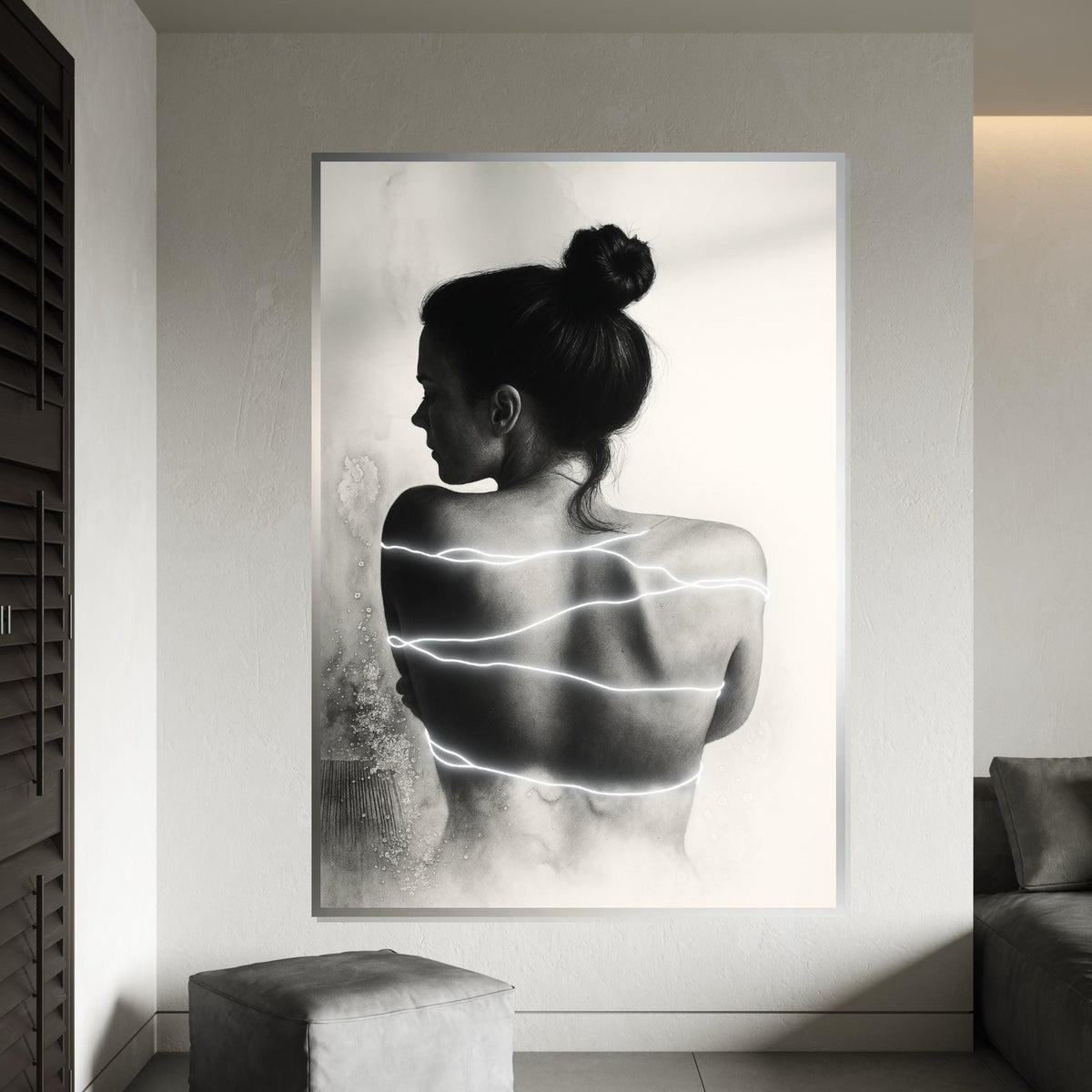 Silhouette Glow Art, Woman with Light Stripes Canvas, Modern Wall Art, Abstract Female Print, Wall Art Canvas Design, Ready to Hang