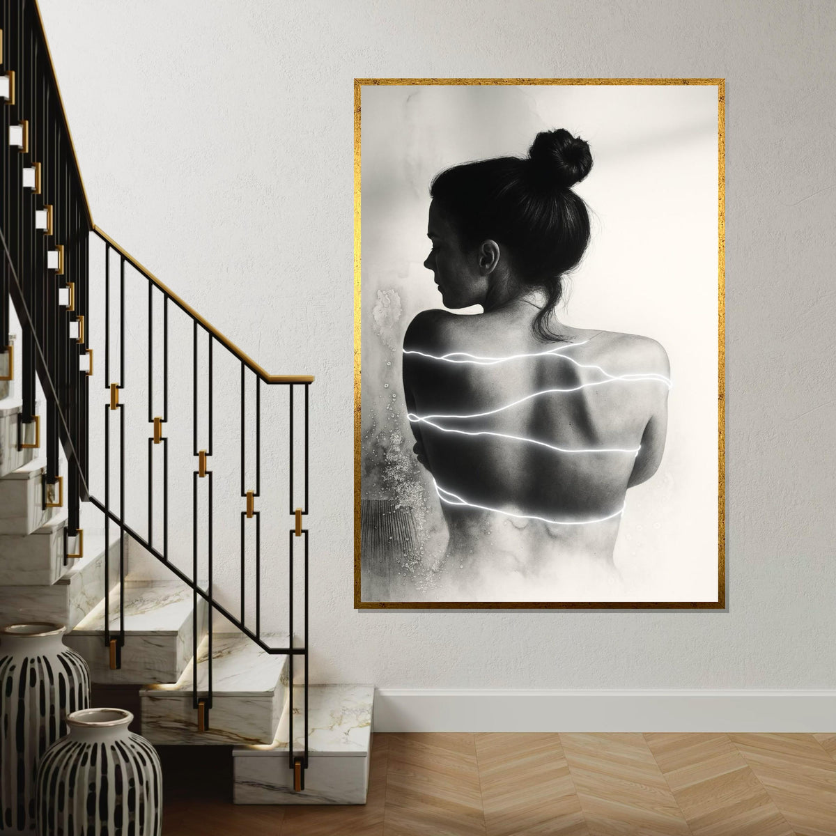 Silhouette Glow Art, Woman with Light Stripes Canvas, Modern Wall Art, Abstract Female Print, Wall Art Canvas Design, Ready to Hang