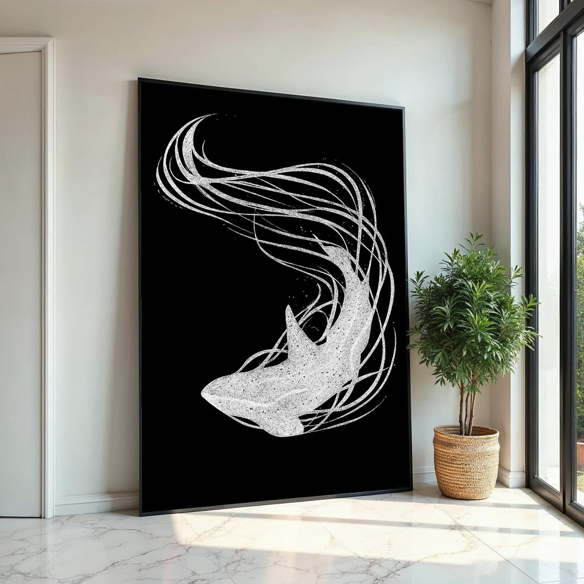 Abstract Shark Canvas Art, Elegant Shark Wall Print, Marine Life Poster, Wall Art Canvas Design, Ready to Hang Decoration