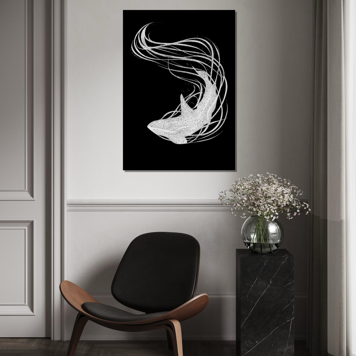 Abstract Shark Canvas Art, Elegant Shark Wall Print, Marine Life Poster, Wall Art Canvas Design, Ready to Hang Decoration
