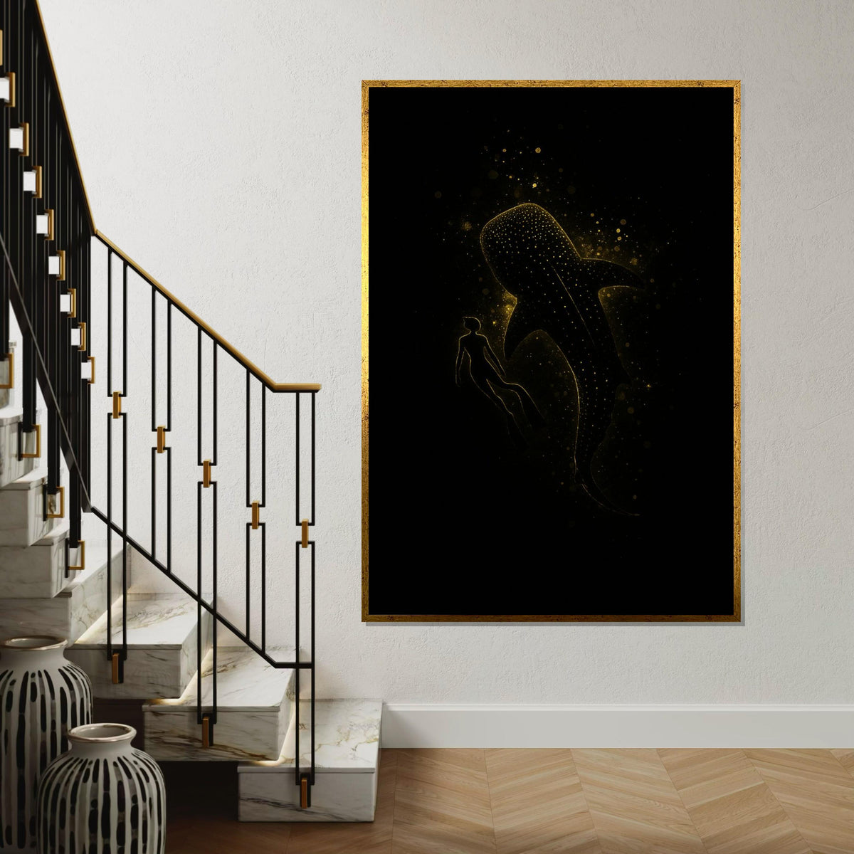 Glowing Whale Shark Canvas, Diver with Whale Shark Art, Marine Life Wall Art Canvas Design, Starry Ocean Decor, Ready to Hang