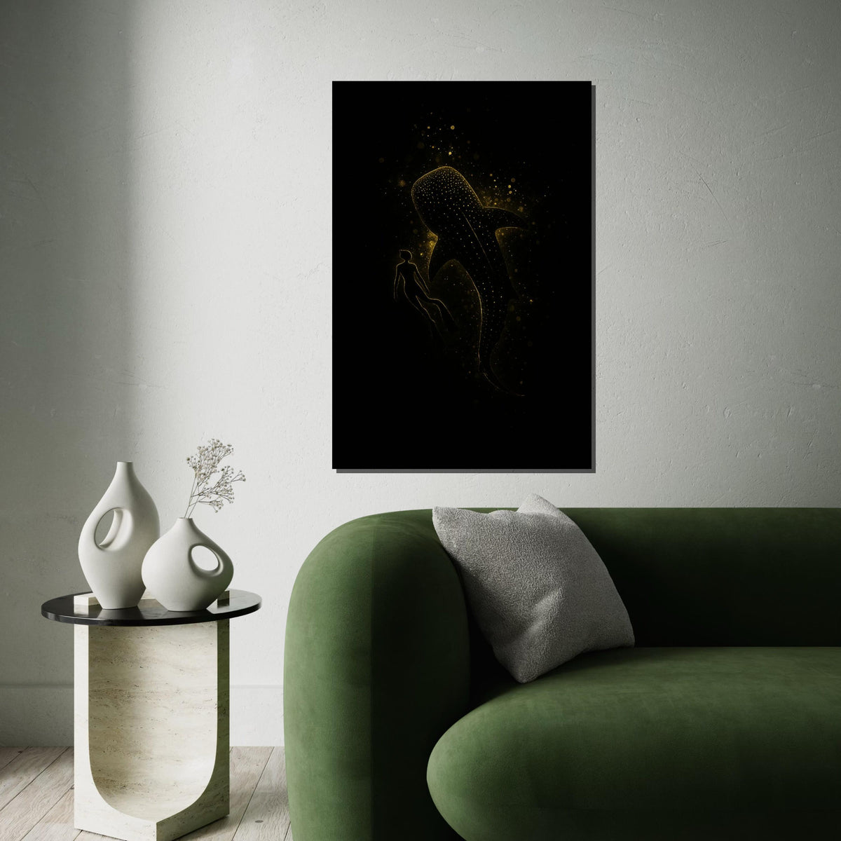 Glowing Whale Shark Canvas, Diver with Whale Shark Art, Marine Life Wall Art Canvas Design, Starry Ocean Decor, Ready to Hang
