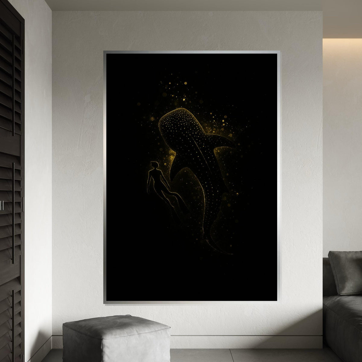 Glowing Whale Shark Canvas, Diver with Whale Shark Art, Marine Life Wall Art Canvas Design, Starry Ocean Decor, Ready to Hang