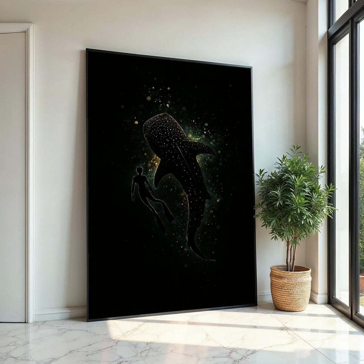 Whale Shark Canvas, Cosmic Ocean Diver Art, Marine Life Poster, Wall Art Canvas Design, Ready To Hang Decoration, Underwater Starry Scene