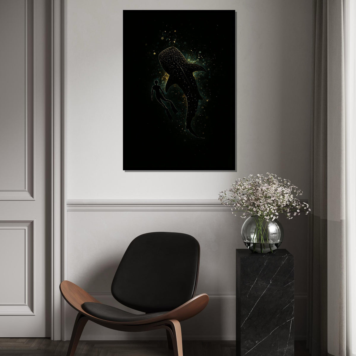 Whale Shark Canvas, Cosmic Ocean Diver Art, Marine Life Poster, Wall Art Canvas Design, Ready To Hang Decoration, Underwater Starry Scene