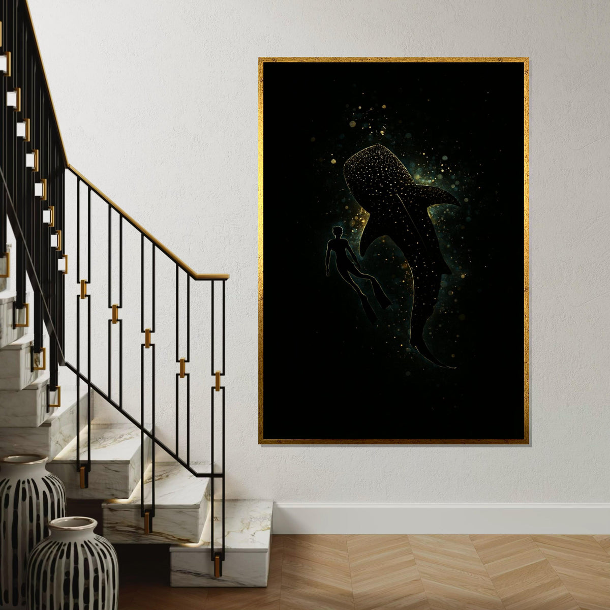Whale Shark Canvas, Cosmic Ocean Diver Art, Marine Life Poster, Wall Art Canvas Design, Ready To Hang Decoration, Underwater Starry Scene