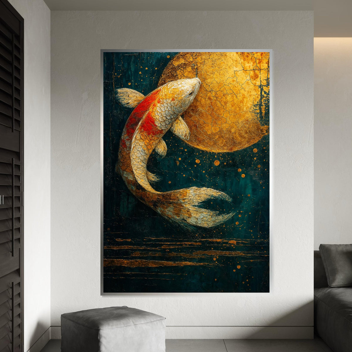 Golden Koi Fish Canvas, Abstract Aquatic Art, Koi Fish Wall Decor, Elegant Canvas Design, Framed Canvas Ready to Hang Decoration