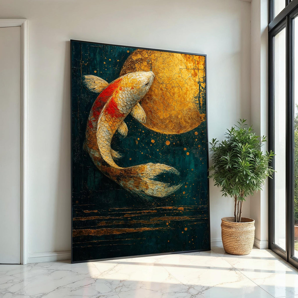 Golden Koi Fish Canvas, Abstract Aquatic Art, Koi Fish Wall Decor, Elegant Canvas Design, Framed Canvas Ready to Hang Decoration