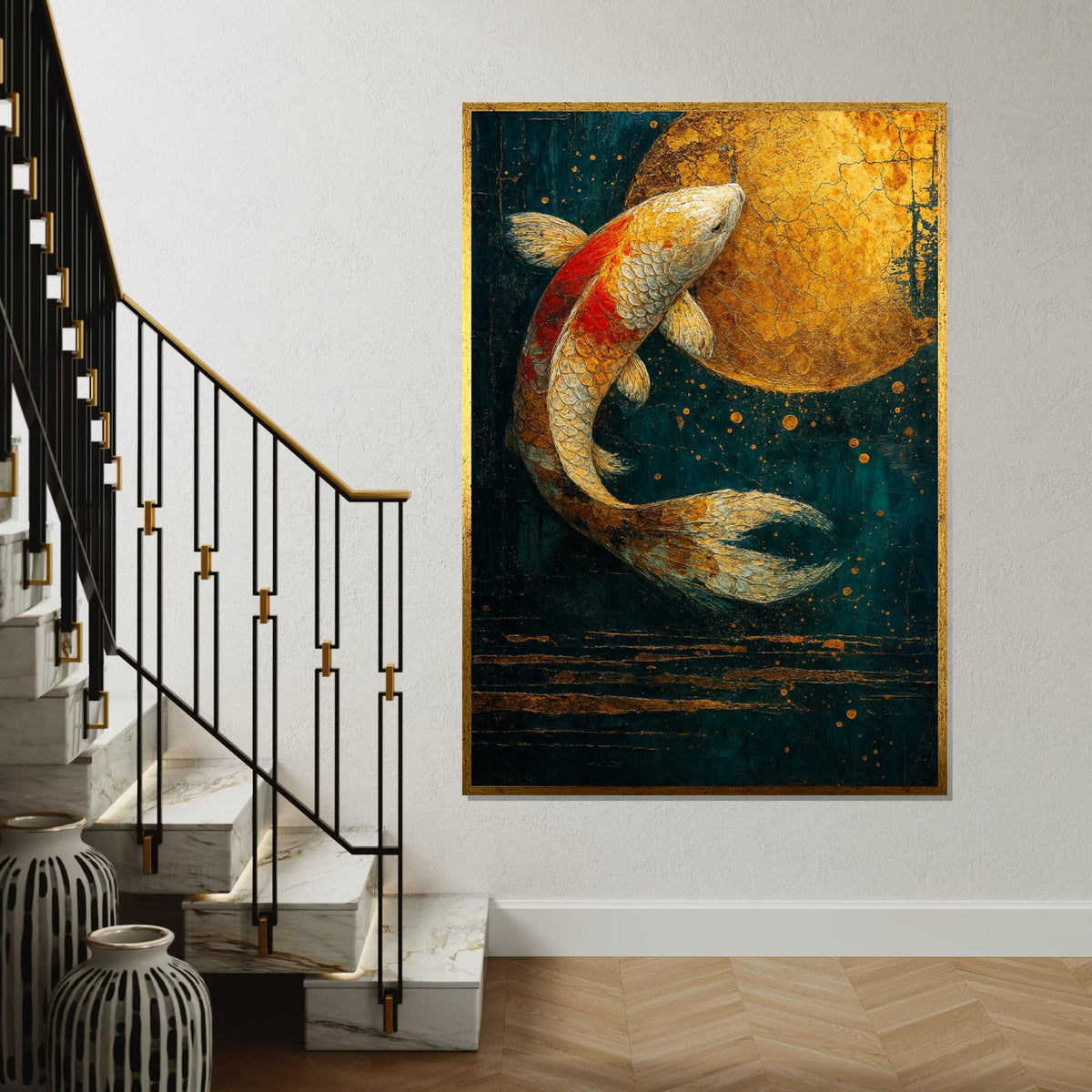 Golden Koi Fish Canvas, Abstract Aquatic Art, Koi Fish Wall Decor, Elegant Canvas Design, Framed Canvas Ready to Hang Decoration