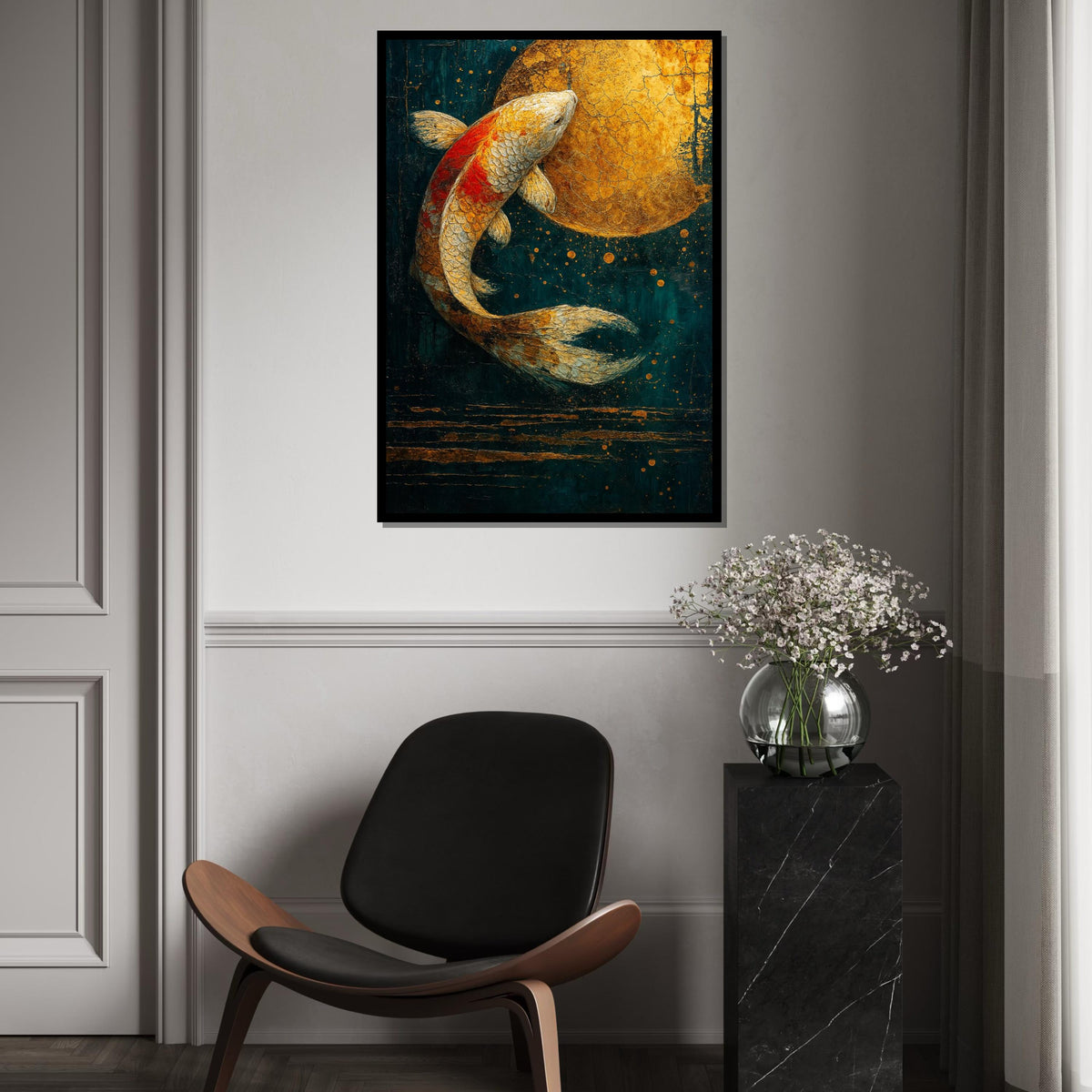Golden Koi Fish Canvas, Abstract Aquatic Art, Koi Fish Wall Decor, Elegant Canvas Design, Framed Canvas Ready to Hang Decoration