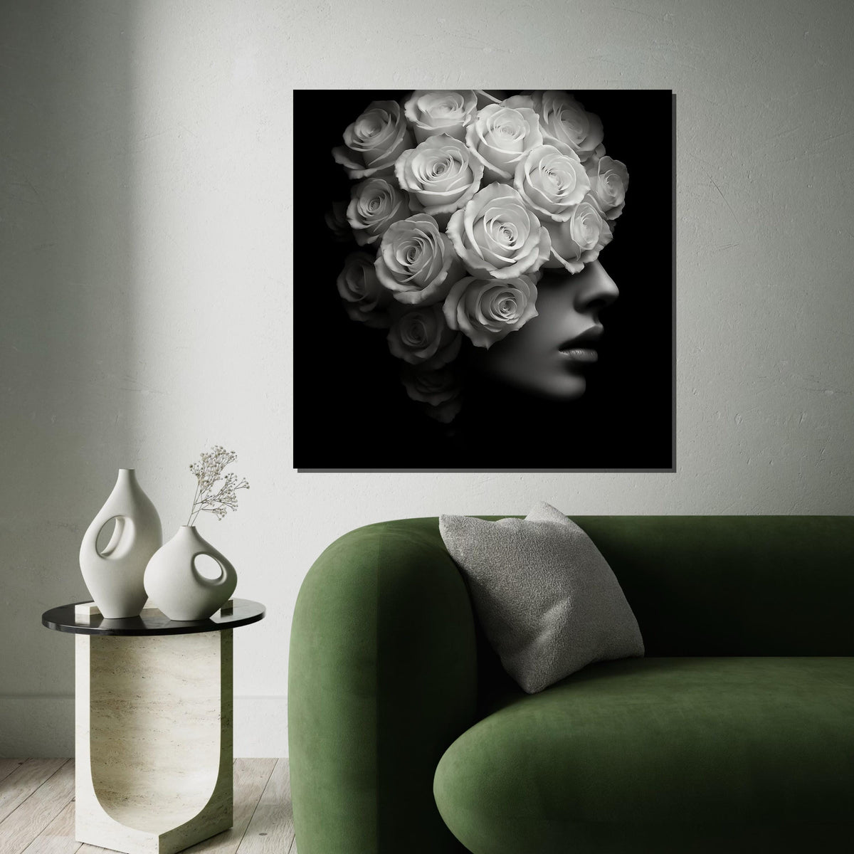 Floral Woman Canvas, Rose Head Woman Art, Monochrome Rose Print, Wall Art Canvas Design, Ready to Hang Decoration, Elegant Flower Art