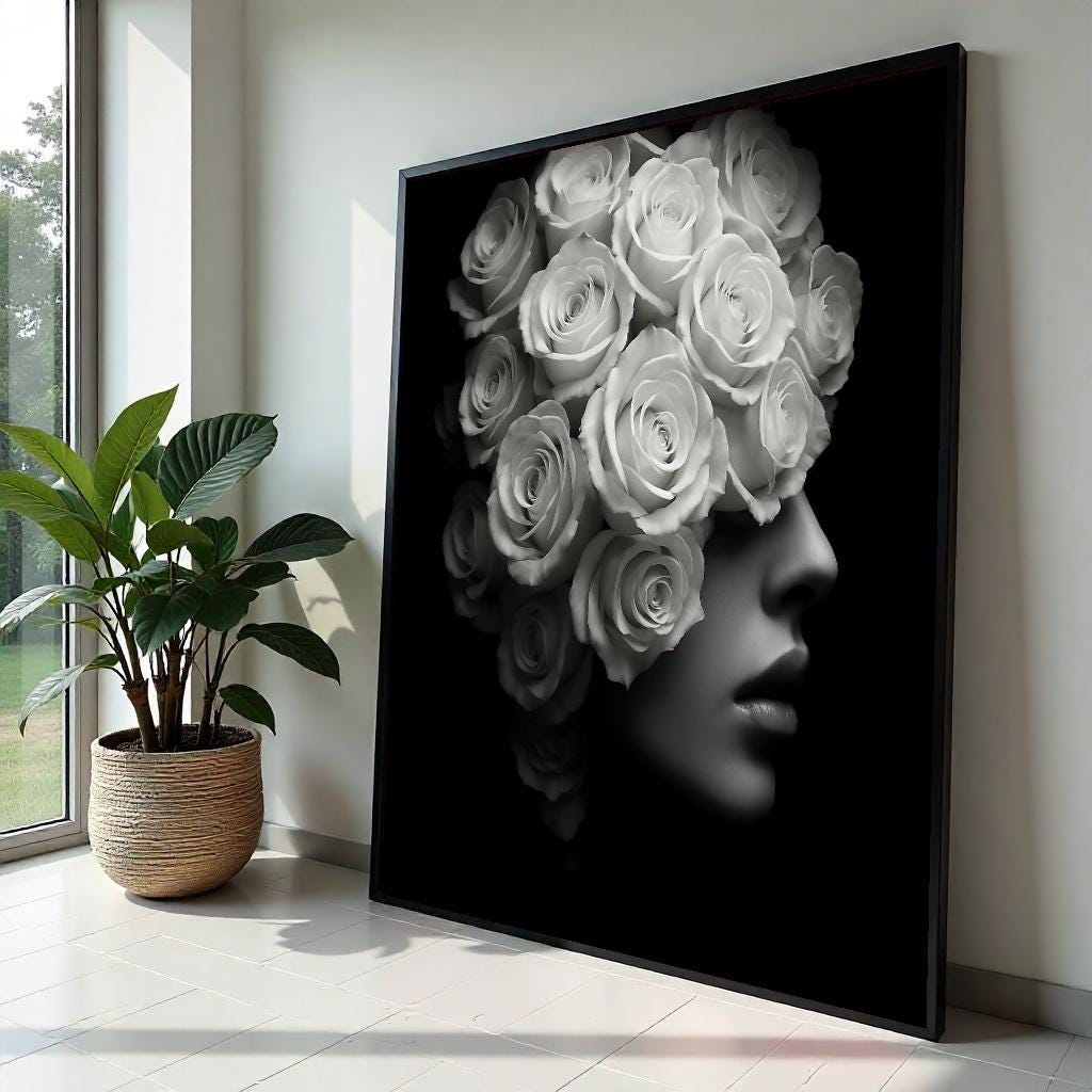 Floral Woman Canvas, Rose Head Woman Art, Monochrome Rose Print, Wall Art Canvas Design, Ready to Hang Decoration, Elegant Flower Art