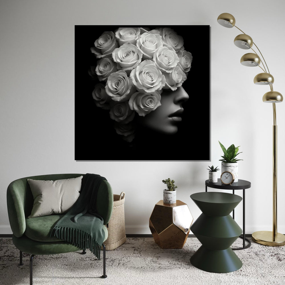 Floral Woman Canvas, Rose Head Woman Art, Monochrome Rose Print, Wall Art Canvas Design, Ready to Hang Decoration, Elegant Flower Art