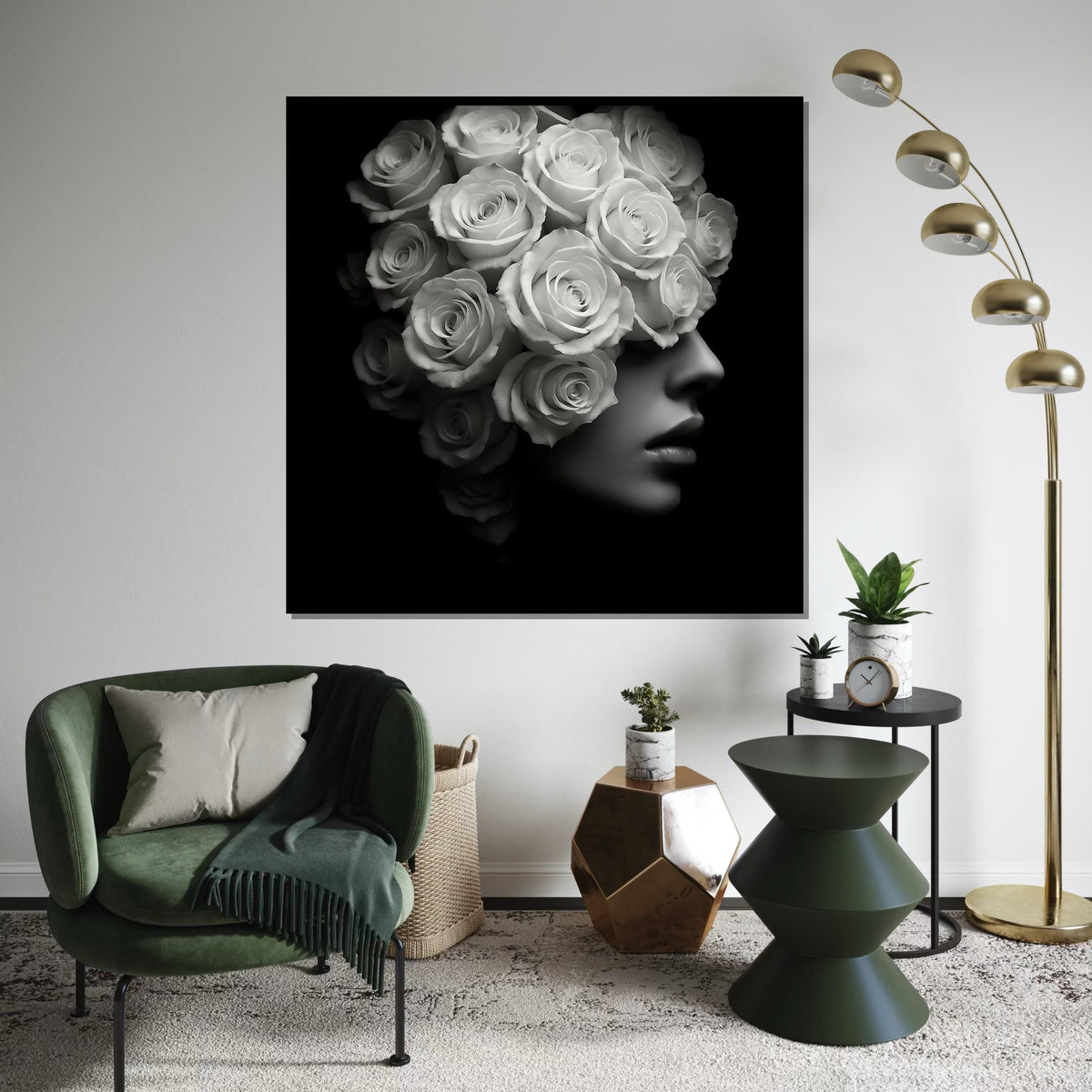 Floral Woman Canvas, Rose Head Woman Art, Monochrome Rose Print, Wall Art Canvas Design, Ready to Hang Decoration, Elegant Flower Art